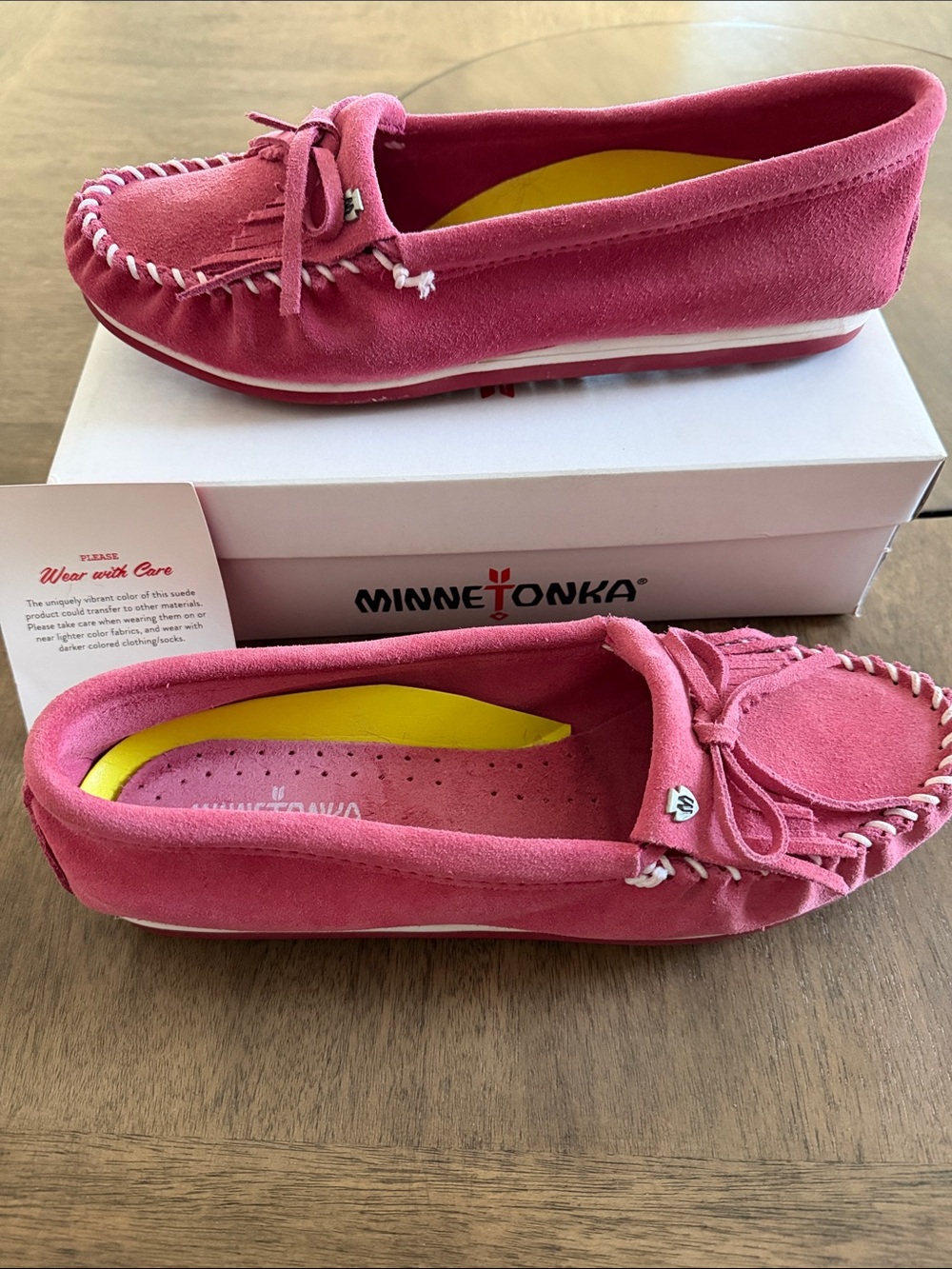 Minnetonka Pink Suede Moccasins with Yellow Insole - Picture 7 of 8
